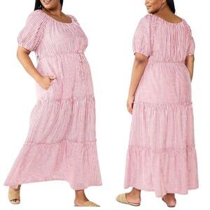 Draper James Off Shoulder Short Sleeve Striped Prairie Tiered Maxi Dress Size XX